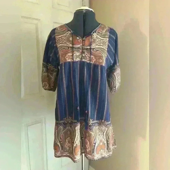 Festival Bathing Suit Cover Up or Tunic Blue Brown Indian Designs Women' s Small - Picture 2 of 5